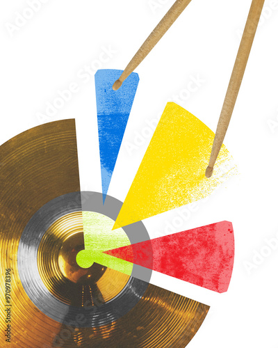 Canvas Print Cymbal with colorful sections, resembling pie, struck by drumsticks against transparent background