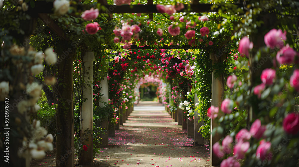 The trellis is covered with pink roses, surrounded by white columns and green plants. The long stone path leads to the distance through an archway of flowers, creating a romantic atmosphere The trellis is covered with pink roses, surrounded by white columns and green plants. The long stone path leads to the distance through an archway of flowers, creating a romantic atmosphere