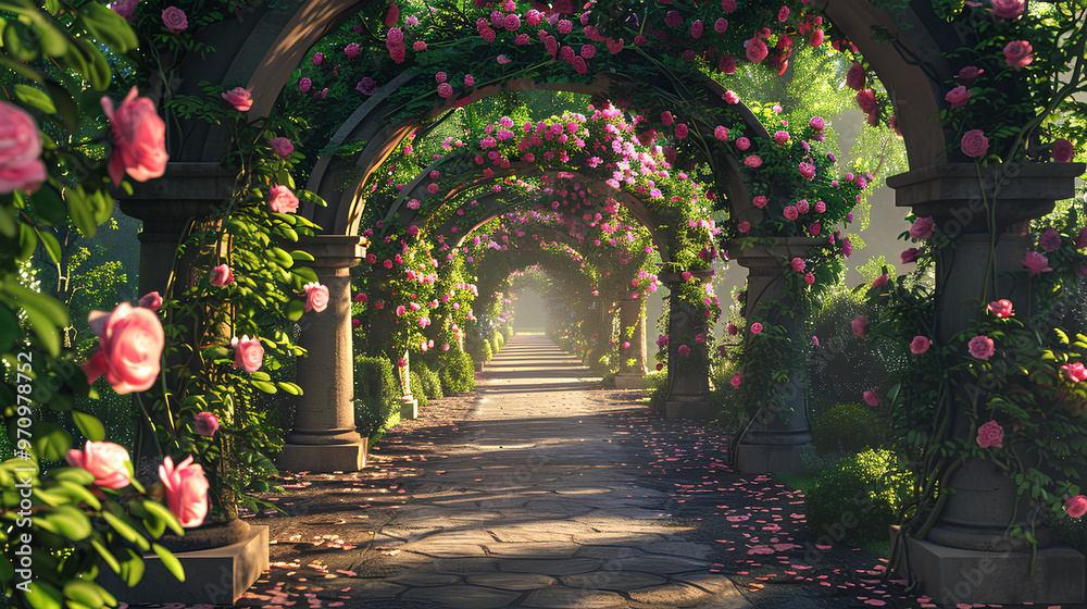 Fototapeta premium The trellis is covered with pink roses, surrounded by white columns and green plants. The long stone path leads to the distance through an archway of flowers, creating a romantic atmosphere