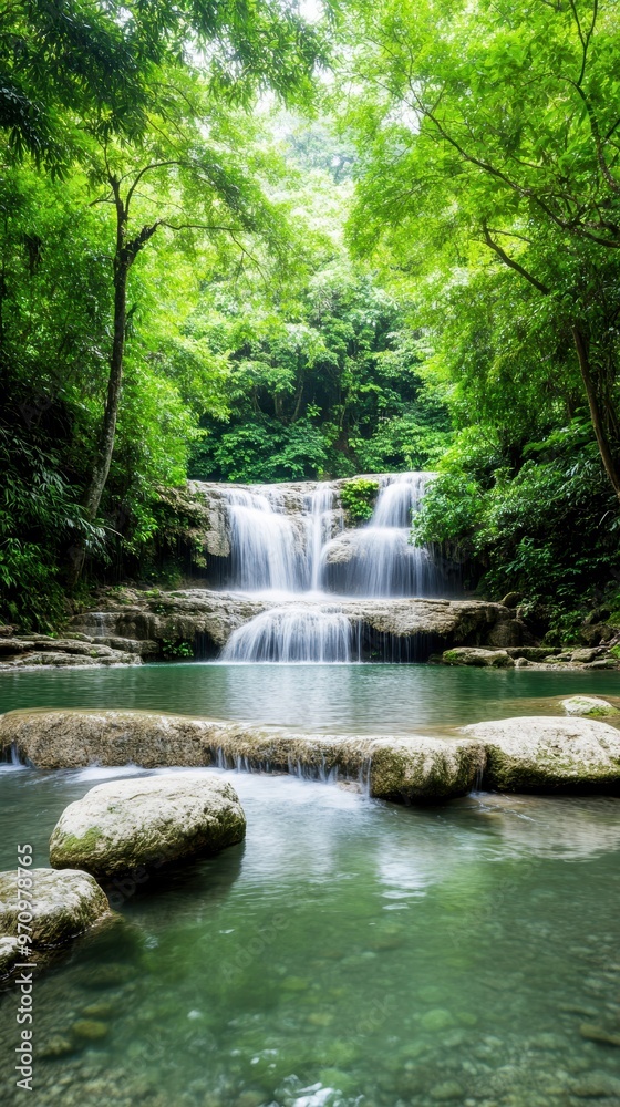 Environmental protection Majestic waterfall surrounded by lush greenery Environmental protection Majestic waterfall surrounded by lush greenery