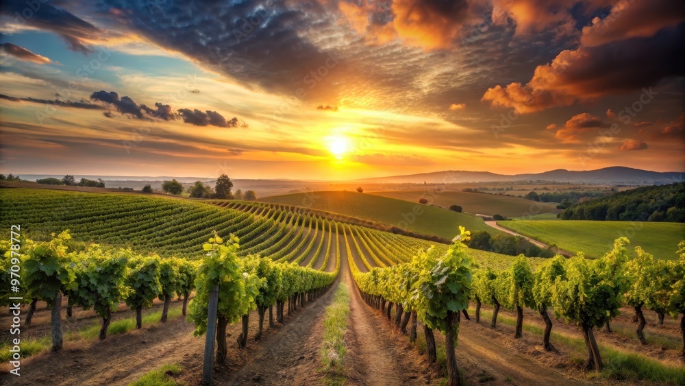 Naklejka premium Sunset over vineyards with grapevines in foreground, Weinberge, Reben, Sonnenuntergang, vineyard, grapes, sunset
