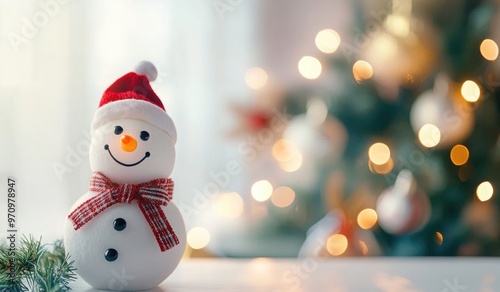 Christmas decoration banner with snowman colorful lights in the background, Christmas tree decoration on a blurred light background- New Year concept, xmas greeting card with snowman- background