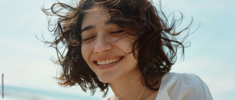 Naklejka premium A young woman with windblown hair laughs joyfully, radiating happiness and carefree energy by the seaside on a breezy day.