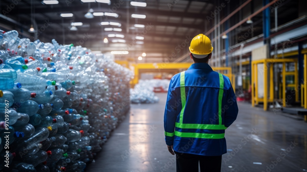 Obraz premium Engineer Standing and looking back The plastic bottle in the recycling industry. Neural network ai generated art