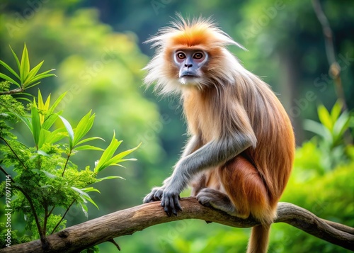 A majestic langur monkey with luxuriant, silky fur and impressively long hair cascading down its back, perched on a branch in a lush forest atmosphere. photo