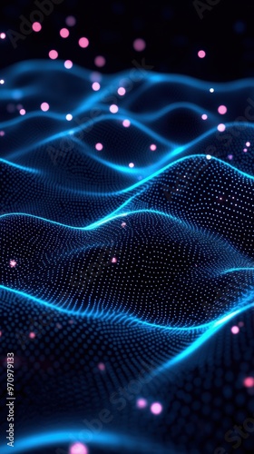 Digital landscape with glowing low poly waves and dots