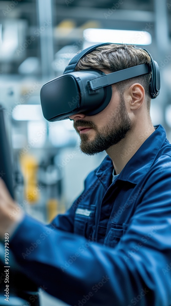 Engineer in a modern factory using virtual reality for simulation and training purposes Engineer in a modern factory using virtual reality for simulation and training purposes