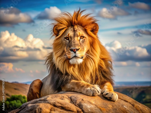 A majestic lion with a shaggy golden mane and piercing eyes sits regally on a rocky outcropping, surrounded by a warm savannah landscape. photo