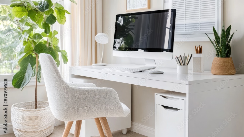 Fototapeta premium minimalist home office with a white desk, a single monitor, and a small plant