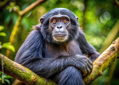 A majestic, mature primate with shiny black fur and rounded belly perches on a branch, gazing curiously into the camera with bright, expressive eyes. photo