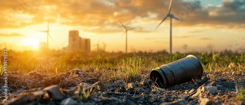 Discarded renewable energy hardware in nature, emphasizing recycling problems