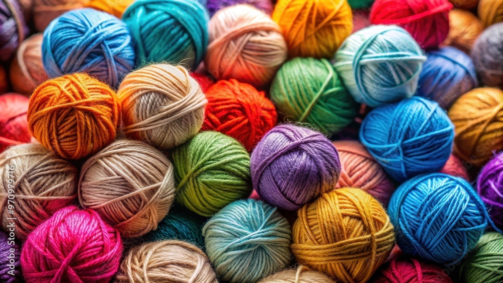 Close-up shot of a pile of knitting yarn balls, crafts, hobby, handmade, wool, colorful, knitting, supplies, textile, thread