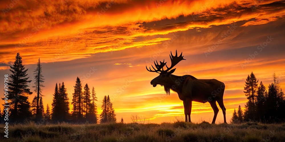 A majestic moose stands alone at dusk, its imposing silhouette against a vibrant orange sky, surrounded by serene wilderness and sparse evergreen trees. A majestic moose stands alone at dusk, its imposing silhouette against a vibrant orange sky, surrounded by serene wilderness and sparse evergreen trees.