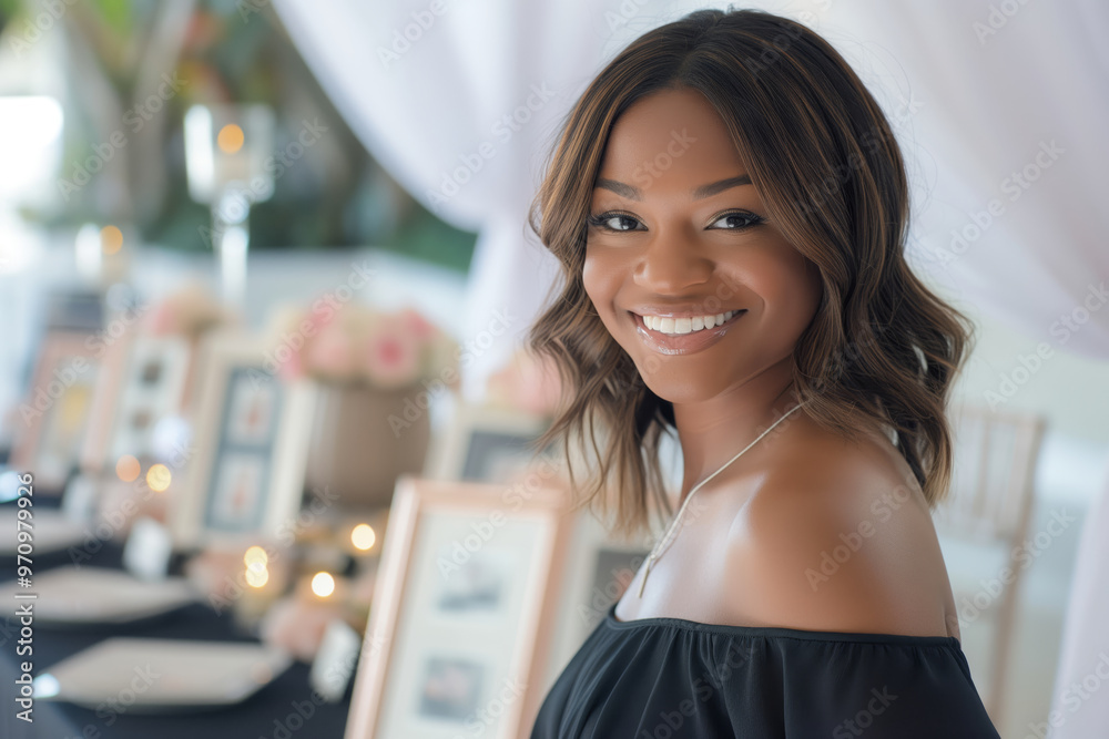 African woman with long hair is smiling and posing for a picture