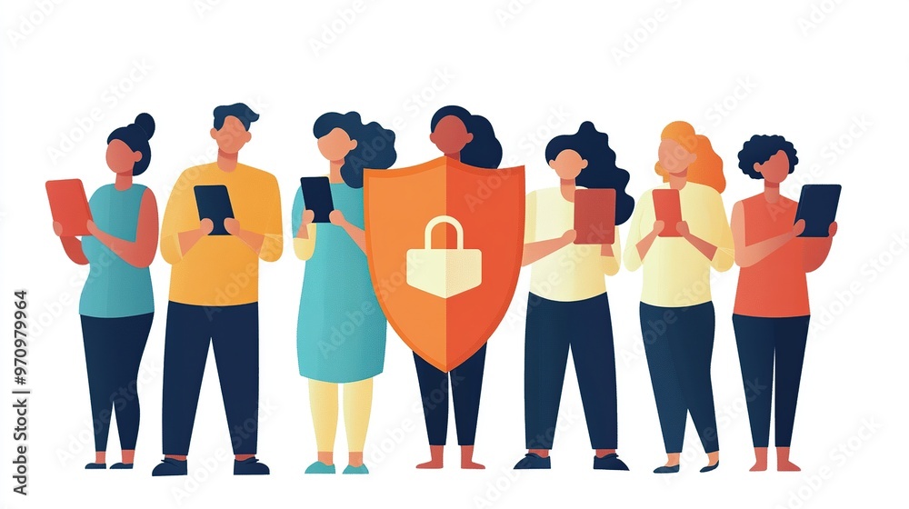 Fototapeta premium diverse group of people on smartphones with a shield icon protecting