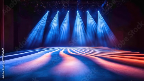 Vibrant stage lighting creates a captivating atmosphere with blue and orange beams illuminating the textured floor. photo