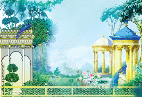 Mughal dancing woman in a garden with arch peacock bird and flower illustration, Indian Mughal hand drawn floral garden with arch and peacock illustration for invitation