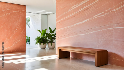 Modern interior with wooden bench, coral marble wall, and natural light