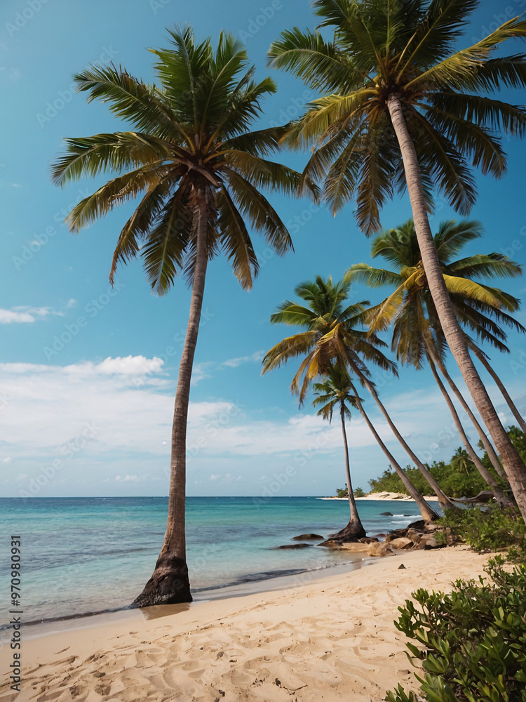 A vibrant tropical beach with palm trees swaying in the breeze A vibrant tropical beach with palm trees swaying in the breeze