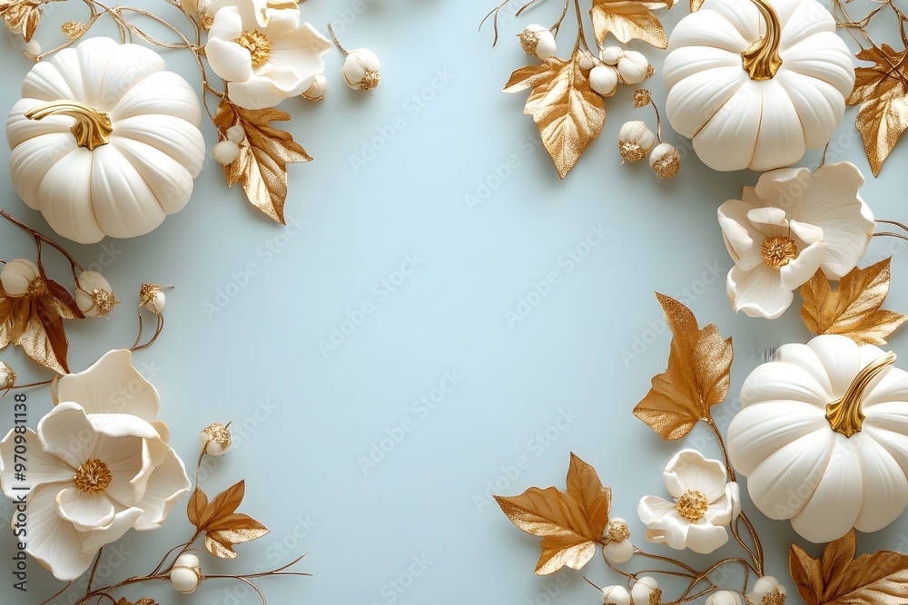 White pumpkins with golden leaves and flowers on a light blue background White pumpkins with golden leaves and flowers on a light blue background