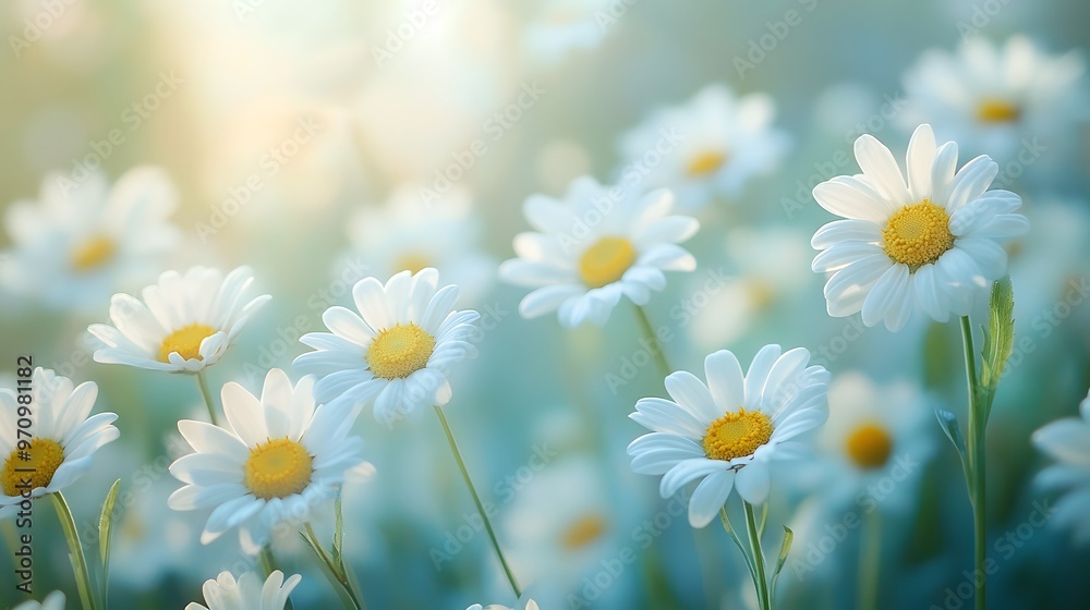 Fototapeta premium Soft focus daisies blooming in a peaceful meadow on a sunny day 