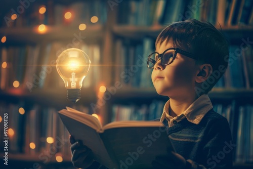 A young boyl is holding a light bulb in her hand, looking at it with curiosity photo