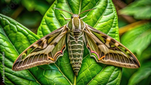 A majestic Sphinx Moth perches on a leaf, its intricately patterned wings expanded, showcasing its striking green and brown camouflage in a natural forest setting. photo