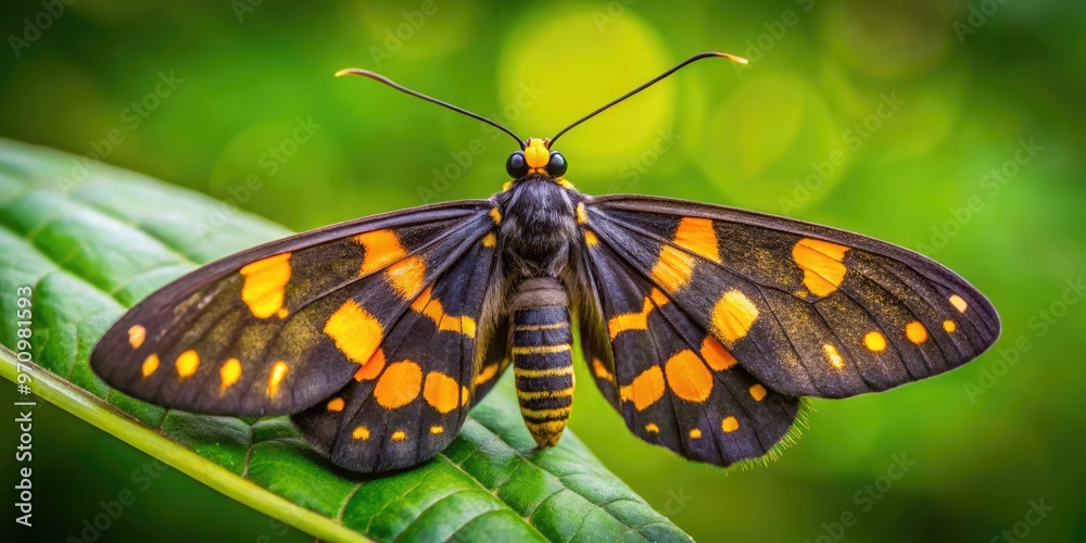 A majestic, velvety-black moth with striking yellow and orange markings on its delicate wings, perched on a leaf, amidst a soft, blurred natural background. A majestic, velvety-black moth with striking yellow and orange markings on its delicate wings, perched on a leaf, amidst a soft, blurred natural background.