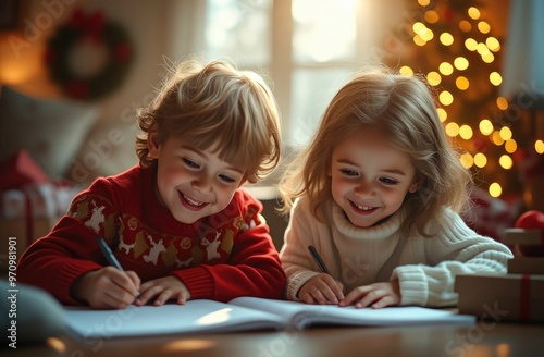 Children write a letter to Santa Claus with wishes to receive a gift for Christmas photo