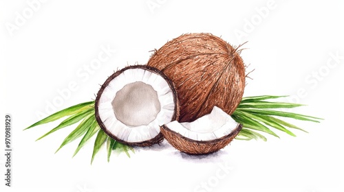 Coconut fruit with green leaf closeup view isolated over white background