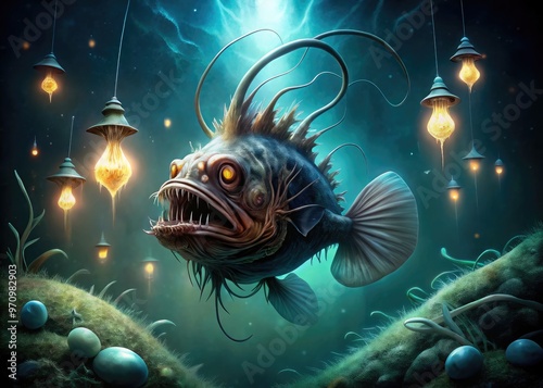 A menacing anglerfish with bioluminescent lure on its head swims through dark, eerie ocean waters, surrounded by faintly glowing jellyfish and twisted seaweed tendrils. photo