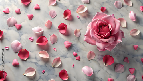 Marble background with scattered pink and red rose petals and large pink rose on the right, romantic aesthetic