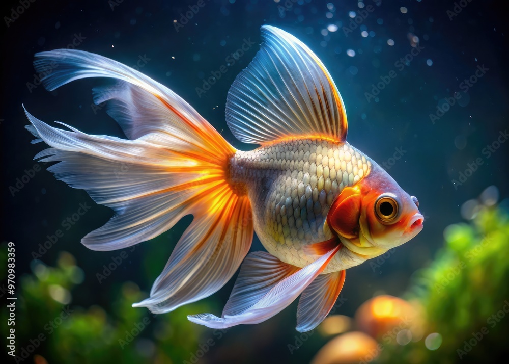 A mesmerizing veil tail goldfish swims in a serene aquatic environment, its majestic fins and iridescent scales shimmering in the soft, warm light. A mesmerizing veil tail goldfish swims in a serene aquatic environment, its majestic fins and iridescent scales shimmering in the soft, warm light.