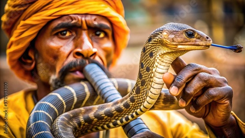 A mesmerizing close-up of a venomous cobra's raised body, its piercing eyes fixed on the flute player as it seemingly sways to the enchanting melody.