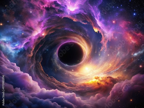 A mesmerizing, vibrant illustration of a massive black hole, surrounded by swirling celestial clouds of gas and dust, set against a deep purple cosmic background. photo