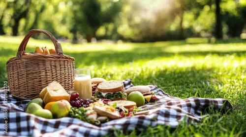 A picnic spread with a checkered blanket, sandwiches, fruit, and a basket, set in a grassy park photo