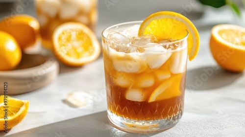 stylish glass of iced coffee mixed with orange juice, with a citrus garnish floating on top