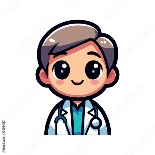 Cute cartoon doctor character with stethoscope in professional medical outfit