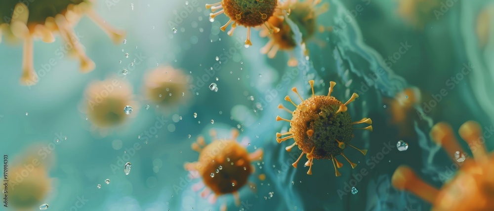 Naklejka premium Microscopic view of virus particles floating in fluid, capturing the detailed and complex structure of pathogens in a scientific representation.