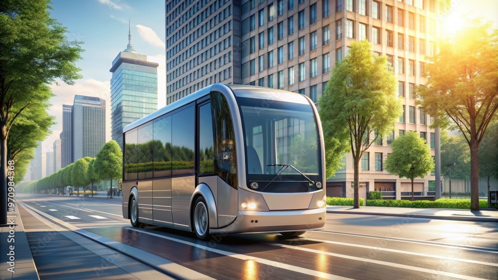 Obraz premium Autonomous electric bus driving on street with smart vehicle technology concept, render, autonomous, electric