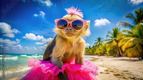 A mischievous capuchin monkey wearing a bright pink tutu and oversized sunglasses strikes a playful pose on a colorful tropical beach backdrop. photo