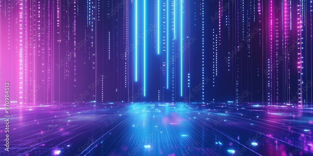 Purple and blue gradient lights arranged in vertical lines with glowing dots, creating an abstract futuristic tech-inspired background with vivid lighting effects. Purple and blue gradient lights arranged in vertical lines with glowing dots, creating an abstract futuristic tech-inspired background with vivid lighting effects.
