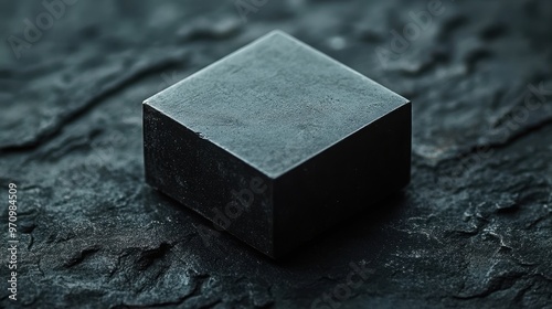 Sleek Black Square Sculpture on Textured Dark Background with Smooth Surface