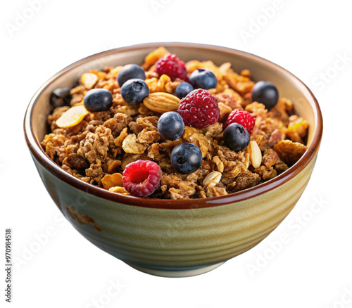 Delicious bowl of granola with fresh berries and nuts for breakfast