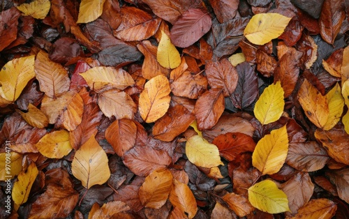 Autumn background texture. Leaves rainy clouds day. 