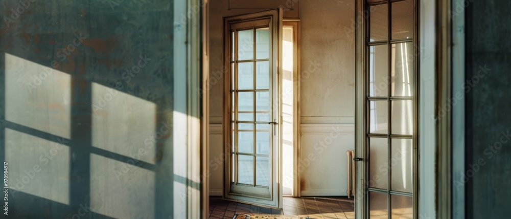 Sunlight streams through open doorways, casting soft, intricate shadows in an empty, serene room with a peaceful ambiance. Sunlight streams through open doorways, casting soft, intricate shadows in an empty, serene room with a peaceful ambiance.