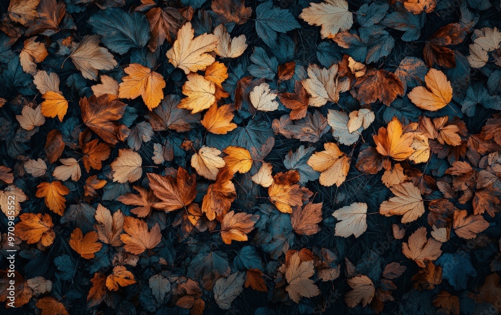Fototapeta premium Autumn background texture. Leaves rainy clouds day. 