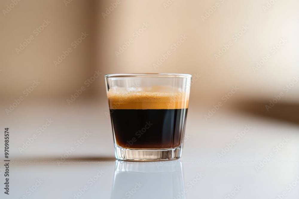 A glass of espresso showcasing rich layers of crema and dark coffee. A glass of espresso showcasing rich layers of crema and dark coffee.