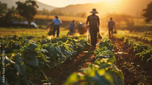 Wallpaper Mural Company of farmers works on agricultural field in sunset time. Neural network ai generated art Torontodigital.ca