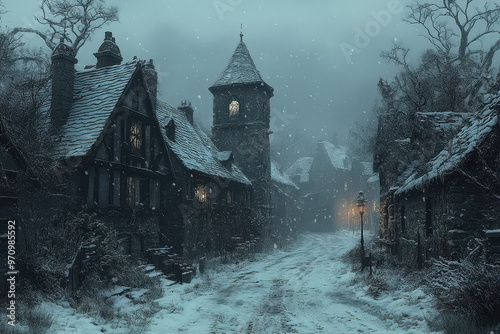 A snowy, medieval street in the village.